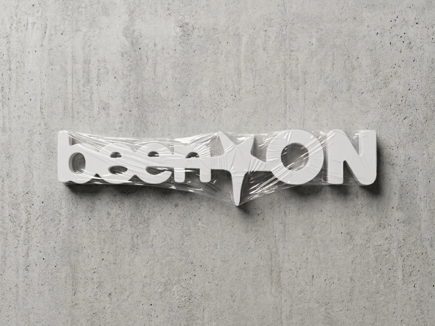White been ON lettering with streaked highlights on a textured light grey background