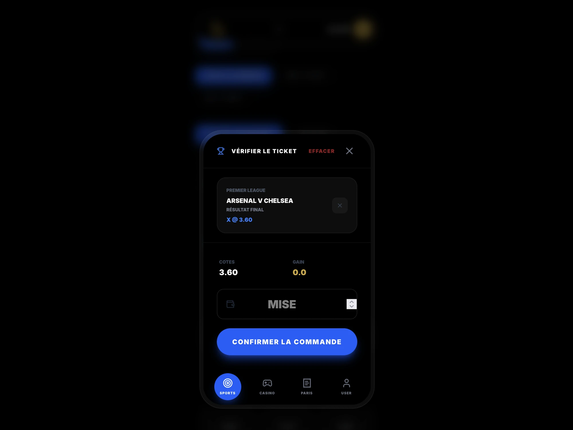 Casanova mobile betting slip interface