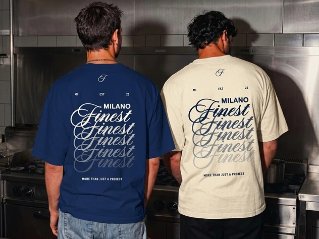 Milano Finest T-shirts in navy and off-white, shown from the back